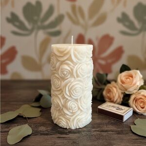 Cream Rose Relief Pillar Candle by